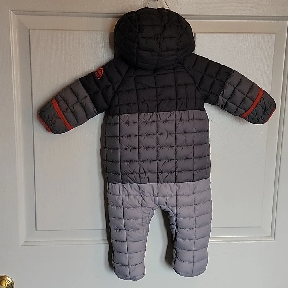 Snozu infant snowsuit, 3-6 months. Different shades of gray with orange lining.